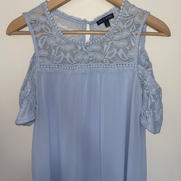 As U Wish Summer Baby Blue Lace Top Cut Out Sleeves Babydoll Dress - Picture 3 of 6